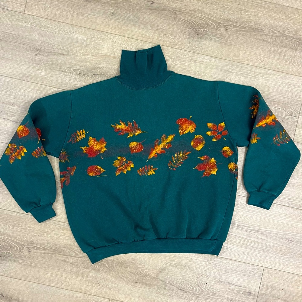 Vintage 1990s Streetwear Fall Leaf All Over Turtleneck Sweatshirt Autumn Teal